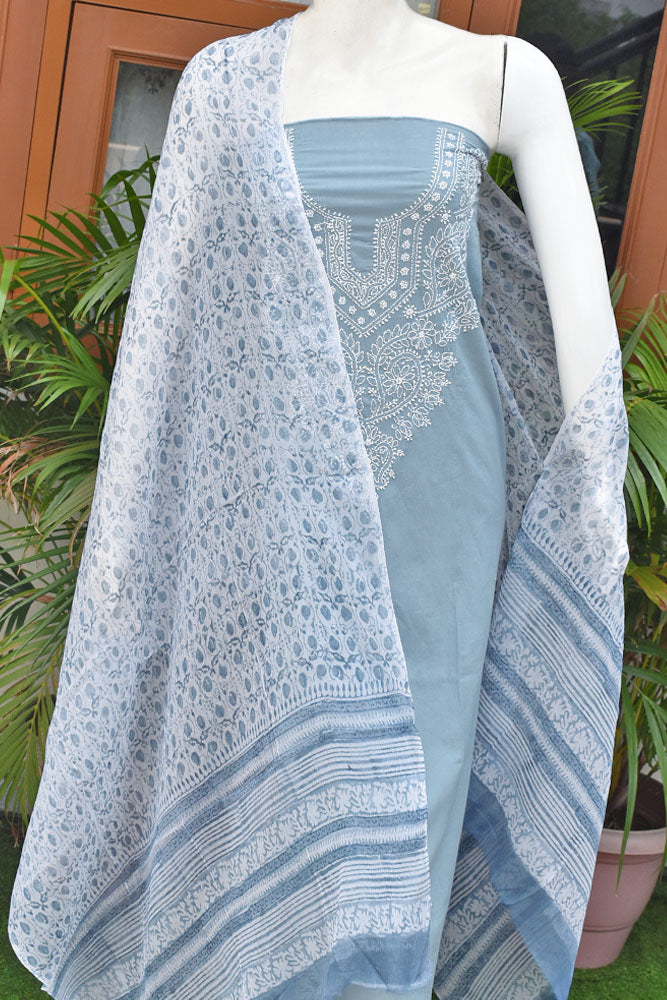 Beautiful Cotton Unstitched Suit Fabric with Chikankari & Hand Block printing