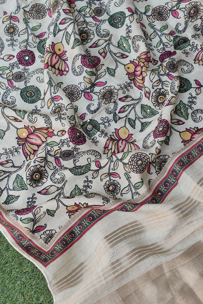 Beautiful Blended silk cotton dupatta with Kalamkari inpired motif and Zari palla