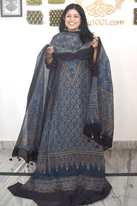 Designer Ajrakh Kota Unstitched suit with Kota Dupatta & Cotton Bottom - 3 piece set
