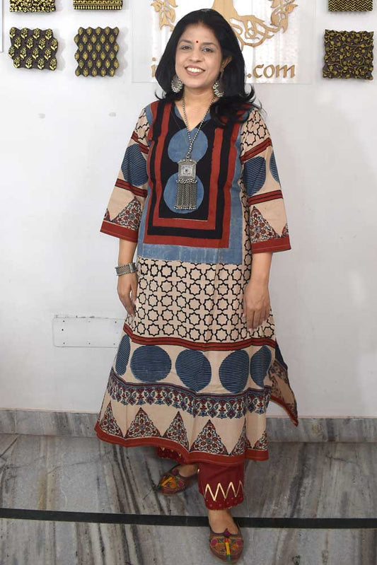 Designer Hand Block Printed Ajrakh cotton Kurta / Dress - Size 36 to 48( all sizes)