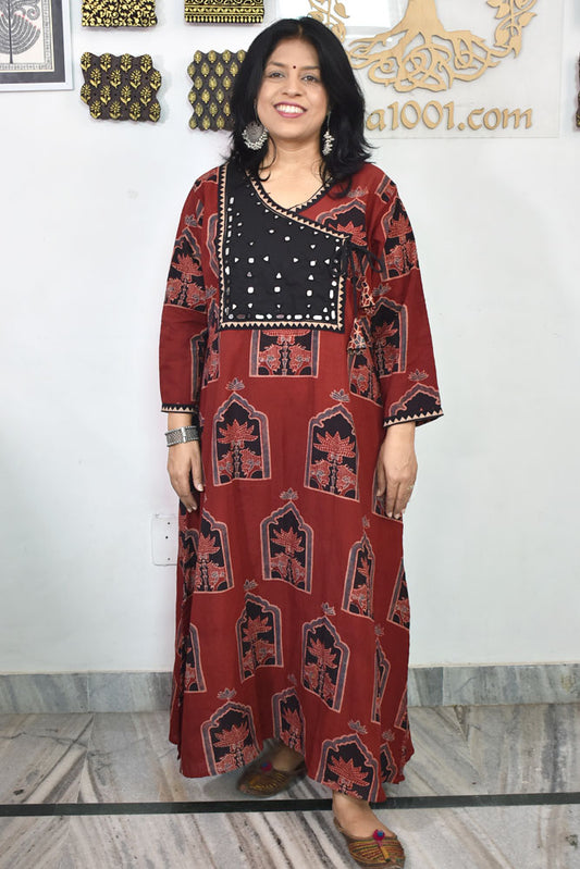 Designer Hand Block Printed Ajrakh cotton Kurta with Kutch Mirror work