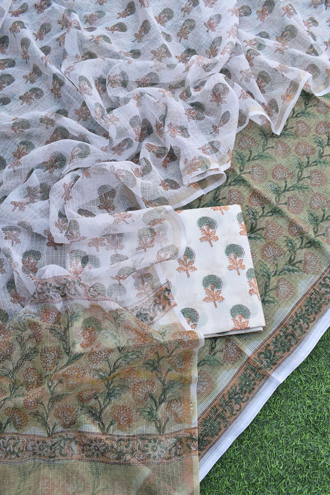 Beautiful Kota Doria cotton suit with Sanganer Block print