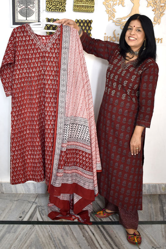 Bagh Hand Block Printed stitched 3 pc Cotton suit With Hand Embroidery - 46 size