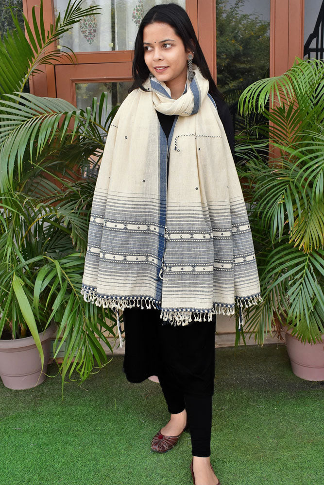 Elegant Handwoven Organic Kala Cotton Bhujodi Dupatta with Mirror , Miri Work and Tassels