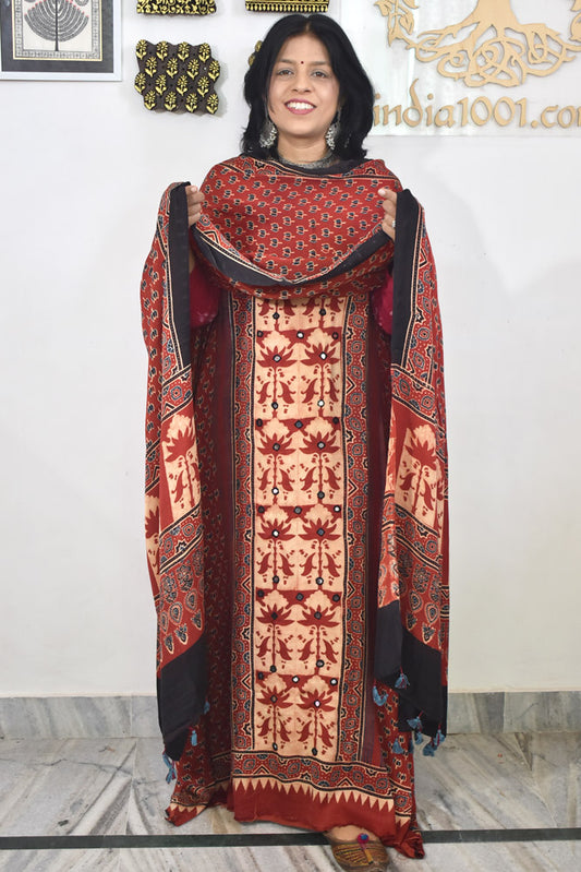 Designer Ajrakh Modal Silk kurta with  panel design & Mirror work & modal silk dupatta - 2 piece set