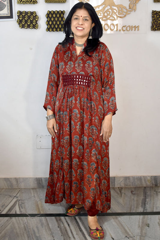 Beautiful Modal Silk Kurta with Ajrakh block print & Kutch mirror work - Size 38 - 48