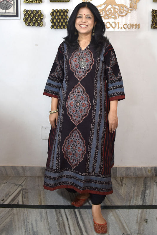Designer Hand Block Printed Ajrakh cotton Kurta / Dress - Size 36 to 48( all sizes)
