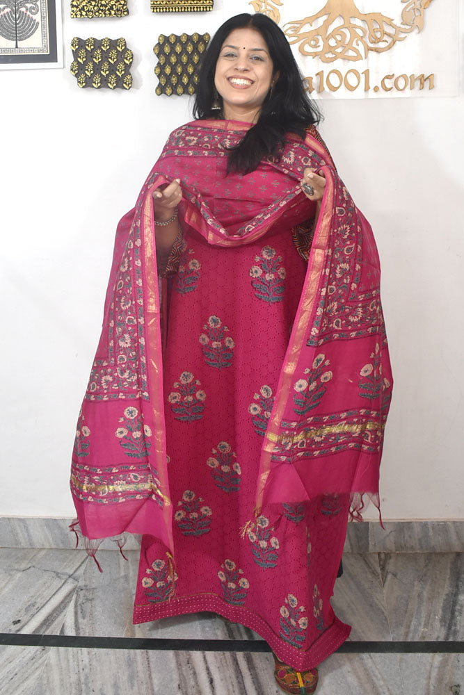 Elegant Hand Block print cotton suit with Schiffli work & Chanderi dupatta