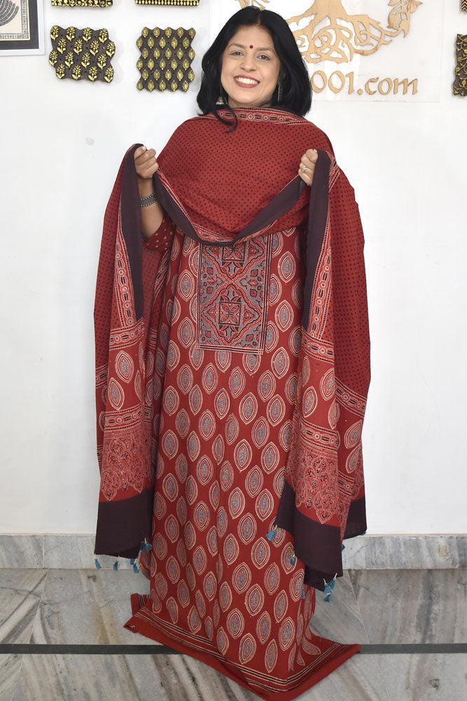 Designer Ajrakh Cotton Unstitched suit with  panel design, Ajrakh Dupatta & Bottom- 3 piece set