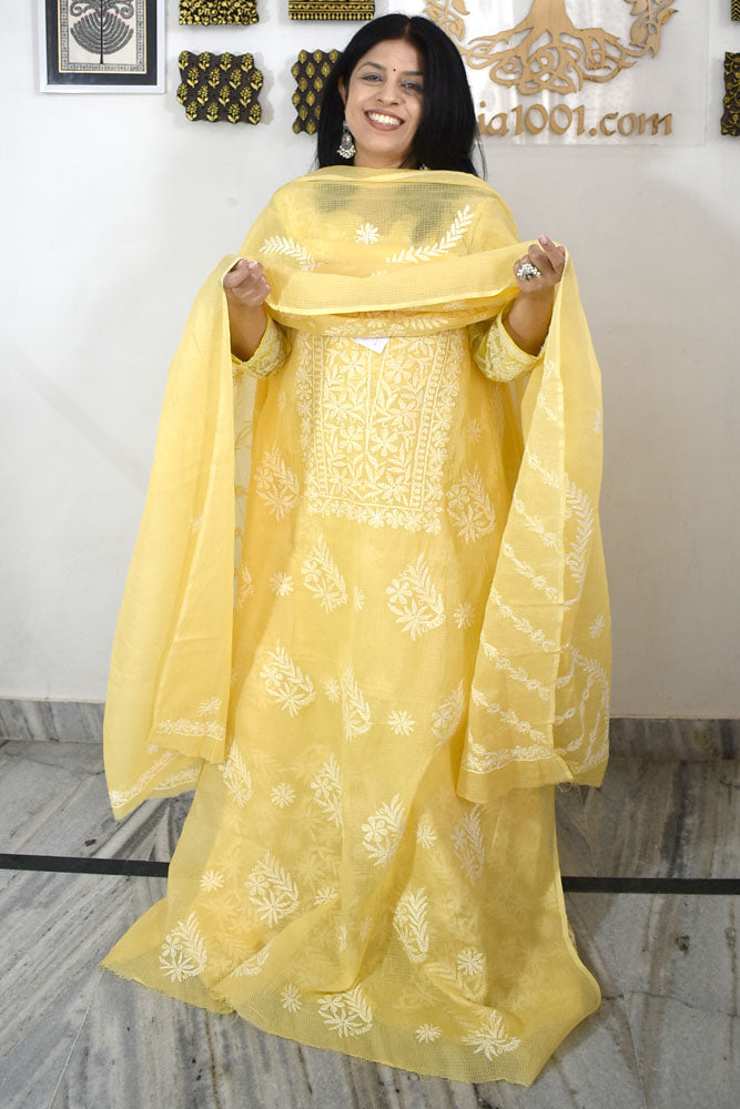 Elegant Kota Doria Kurta & Dupatta Set with Lucknowi Hand Tepchi Work embroidery NO - 18