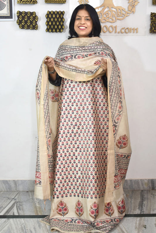 Elegant Hand Block printed Moonga Tussar Silk Kurta Dupatta Set