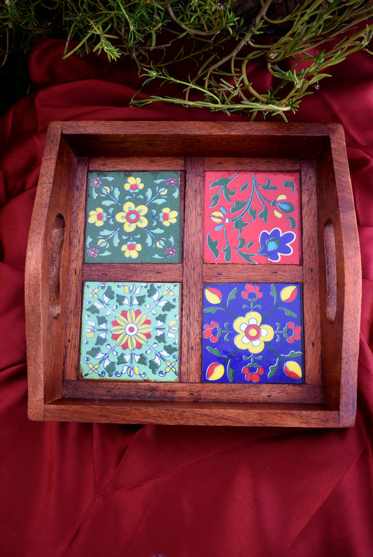 Mango wood Blue pottery tray