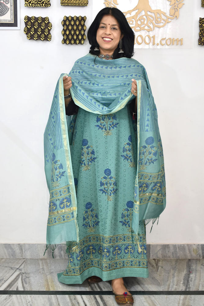 Elegant Hand Block print cotton suit with Schiffli work & Chanderi dupatta
