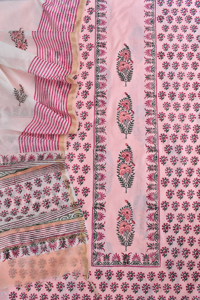 Hand Block Placement Print Cotton suit with Chanderi dupatta and panel design