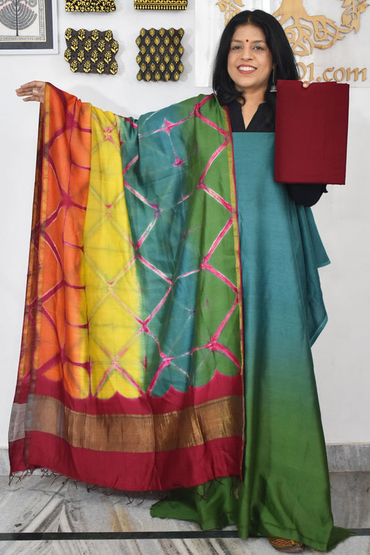 Designer chanderi suit with Clamp Dye dupatta