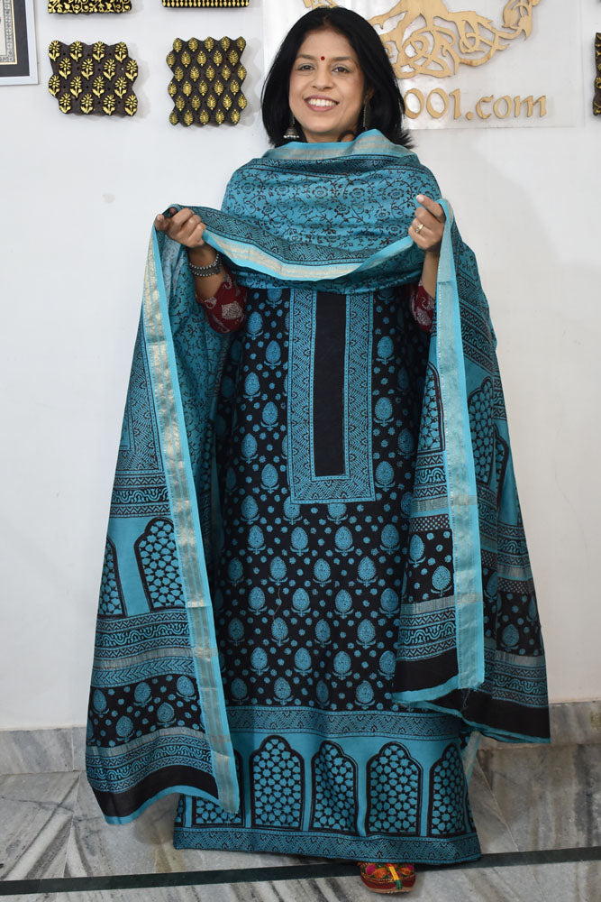 Bagh Hand Block Printed unstitched 3 pcs Handwoven Maheshwari suit fabric with Zari borders