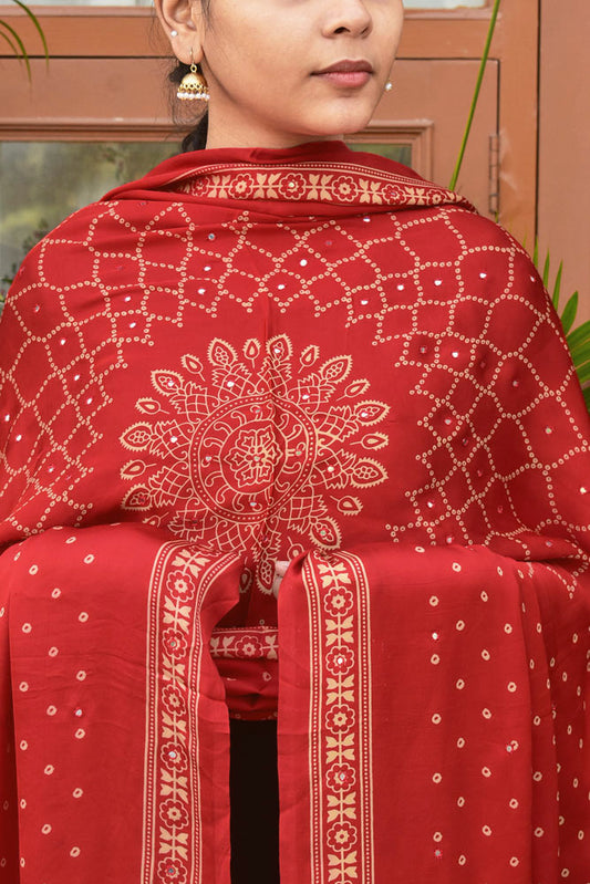Elegant Modal Silk Dupatta with  Bandhani Print & Foil Mirror Work