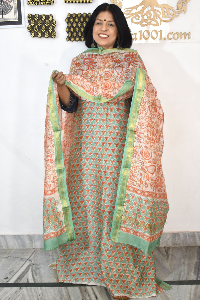 Beautiful Hand Block Printed Maheshwari Silk Cotton Unstitched suit fabric - 3 pc set