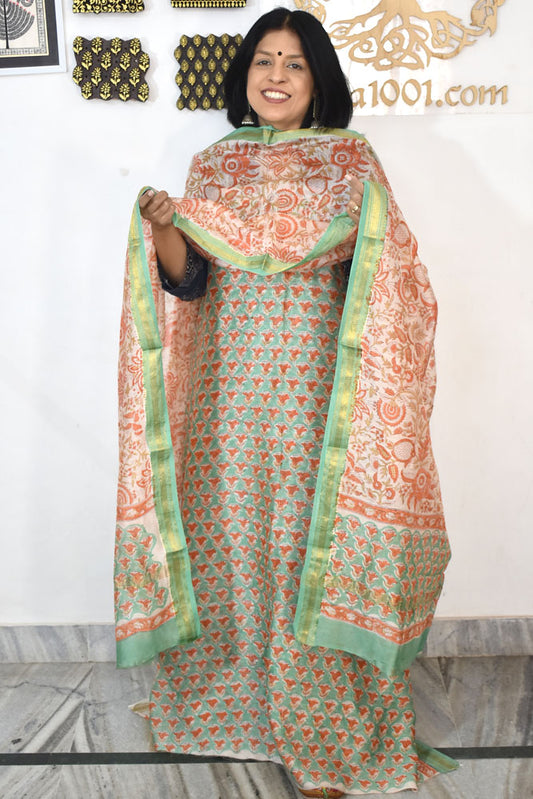 Beautiful Hand Block Printed Maheshwari Silk Cotton Unstitched suit fabric - 3 pc set