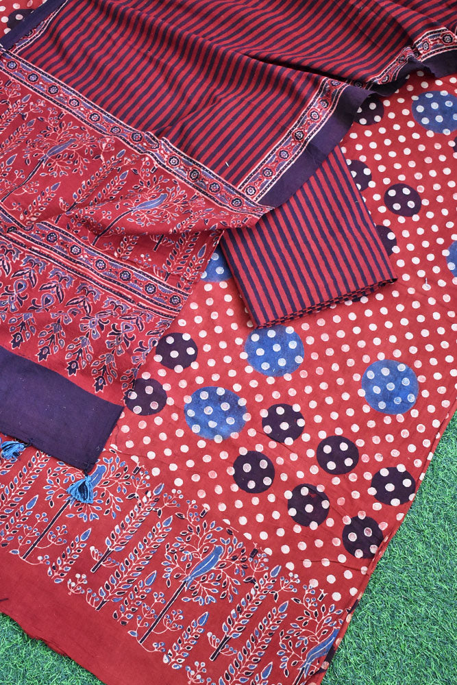 Block Print Ajrakh Cotton Suit with designer Ajrakh neck yoke /panel & Stole