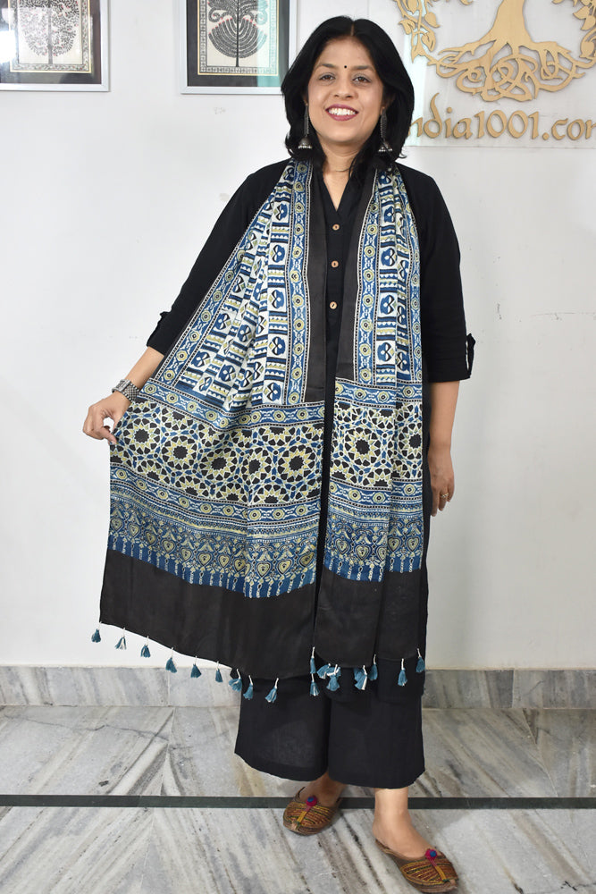 Beautiful Hand Block Printed Ajrakh Modal Silk stole with Tassels