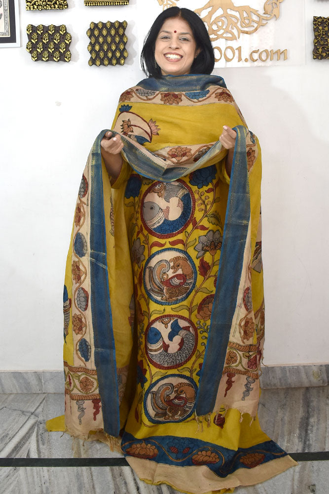 Beautiful Bangalore Cotton Silk Hand Painted Kalamkari Kurta & Dupatta Set