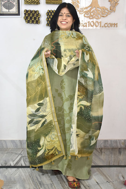 Dhairya : Beautiful Pure Linen suit with Digital print , intricate embroidery and cotton silk bottom
