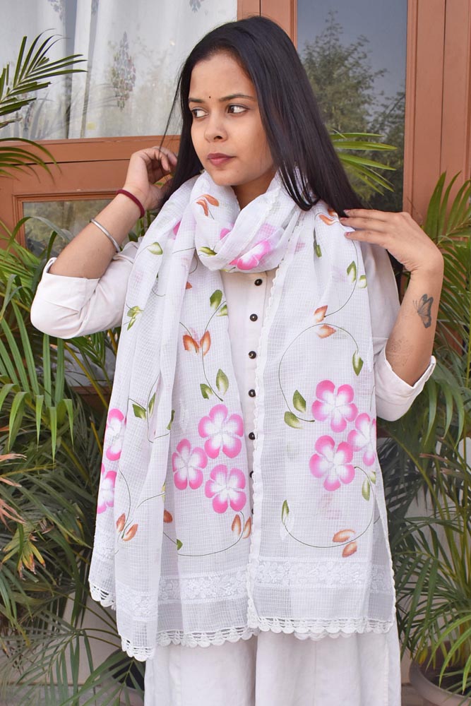 Kota Cotton Dupatta with Hand Paint, Hand Chikankari embroidery & crochet borders on all sides