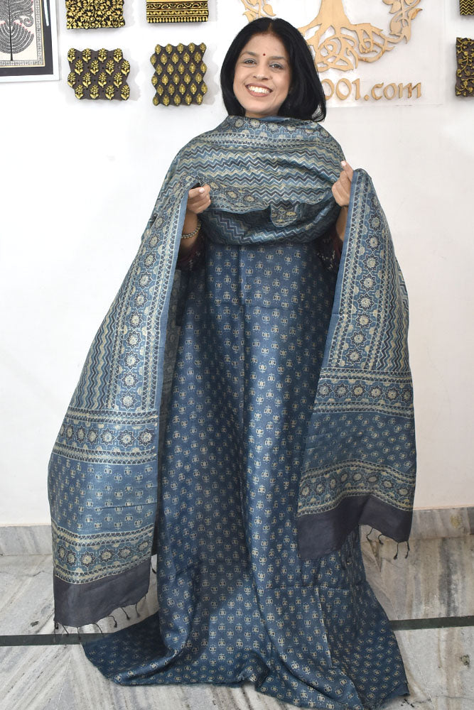 Ajrakh Hand Block printed Tussar Silk Kurta Dupatta Set