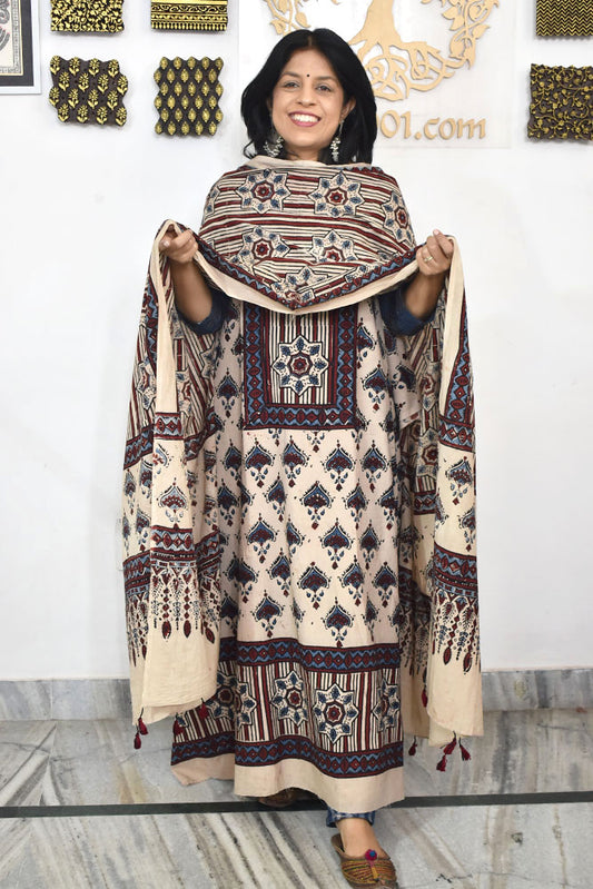 Block Print Ajrakh Cotton Suit with designer Ajrakh neck yoke /panel & Dupatta