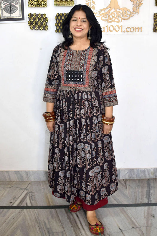 Designer Hand Block Printed Ajrakh cotton Kurta With Mirror Work - Size 38 to 46 ( all sizes)
