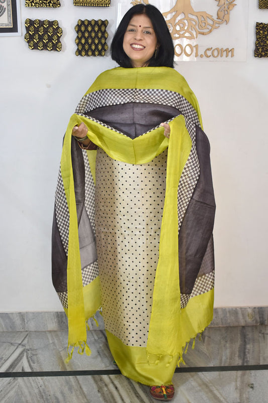 Beautiful Hand Block printed Tussar Silk Kurta Dupatta Set