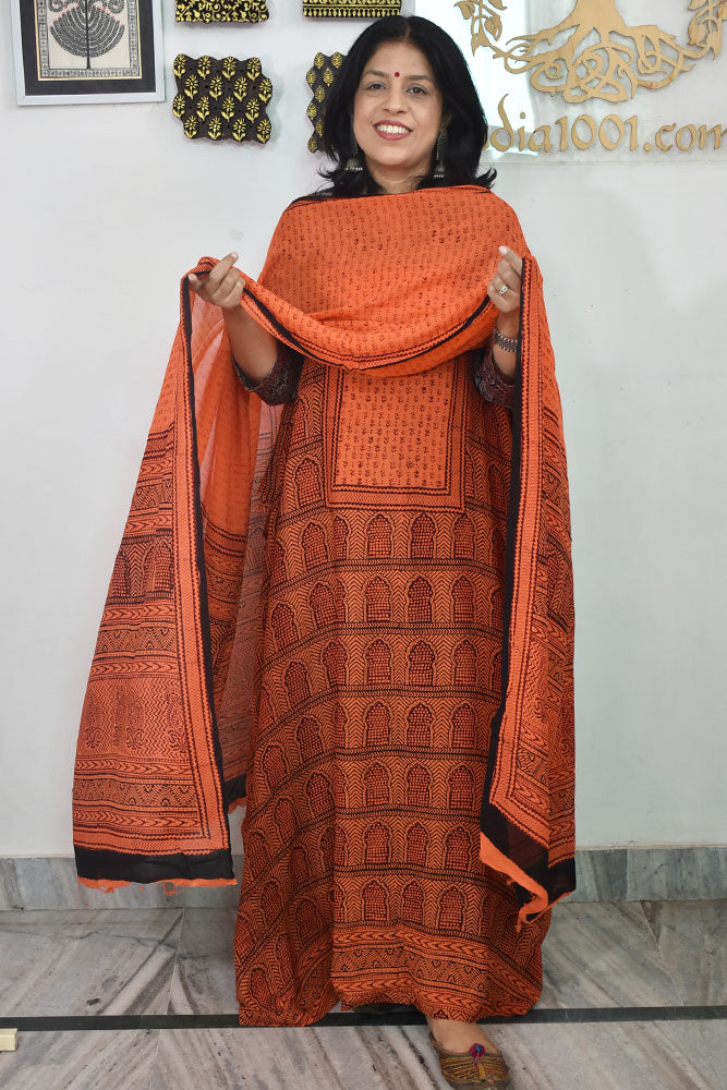 Bagh Hand Block Print Georgette Dupatta & Georgette Kurta Fabric With Cotton Bottom