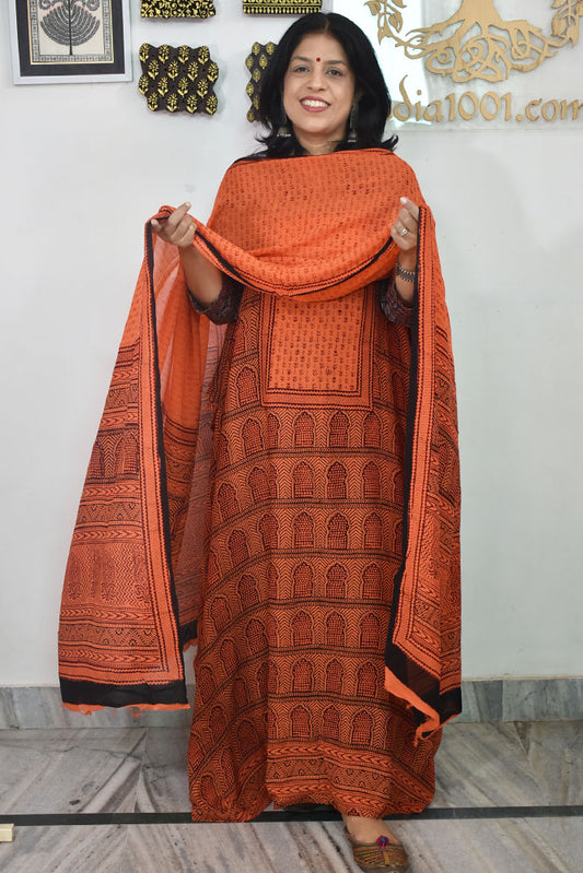 Bagh Hand Block Print Georgette Dupatta & Georgette Kurta Fabric With Cotton Bottom