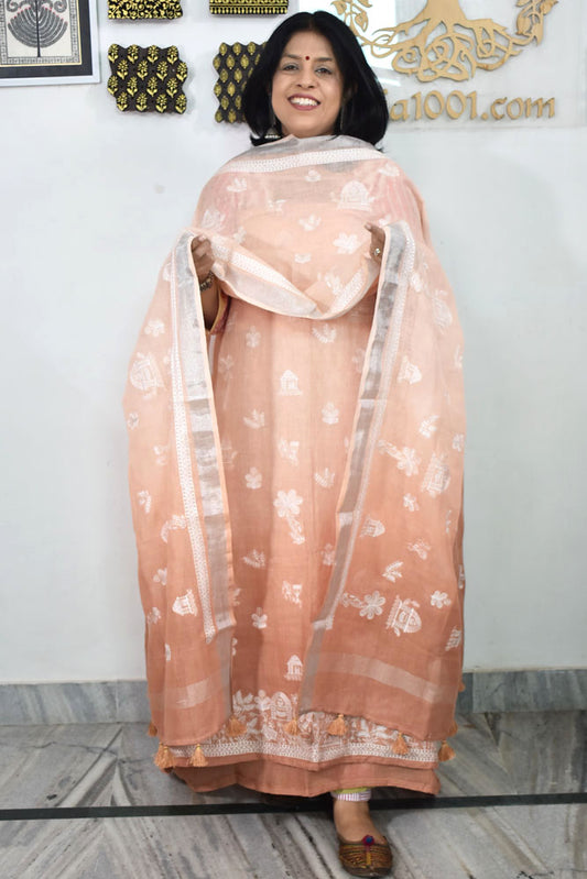 Beautiful Pure Linen suit with intricate embroidery on the kurta & dupatta and cotton silk bottom