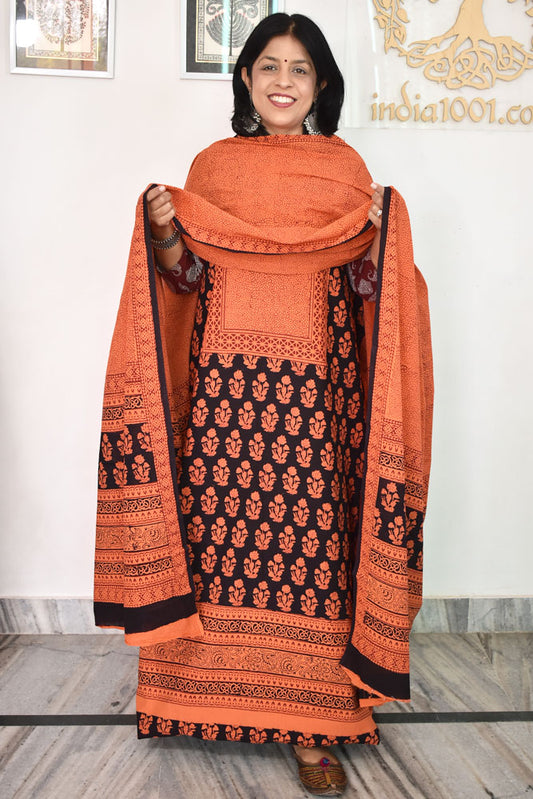 Bagh Hand Block Printed unstitched 3 pc Cotton suit fabric with Placement block print from MP