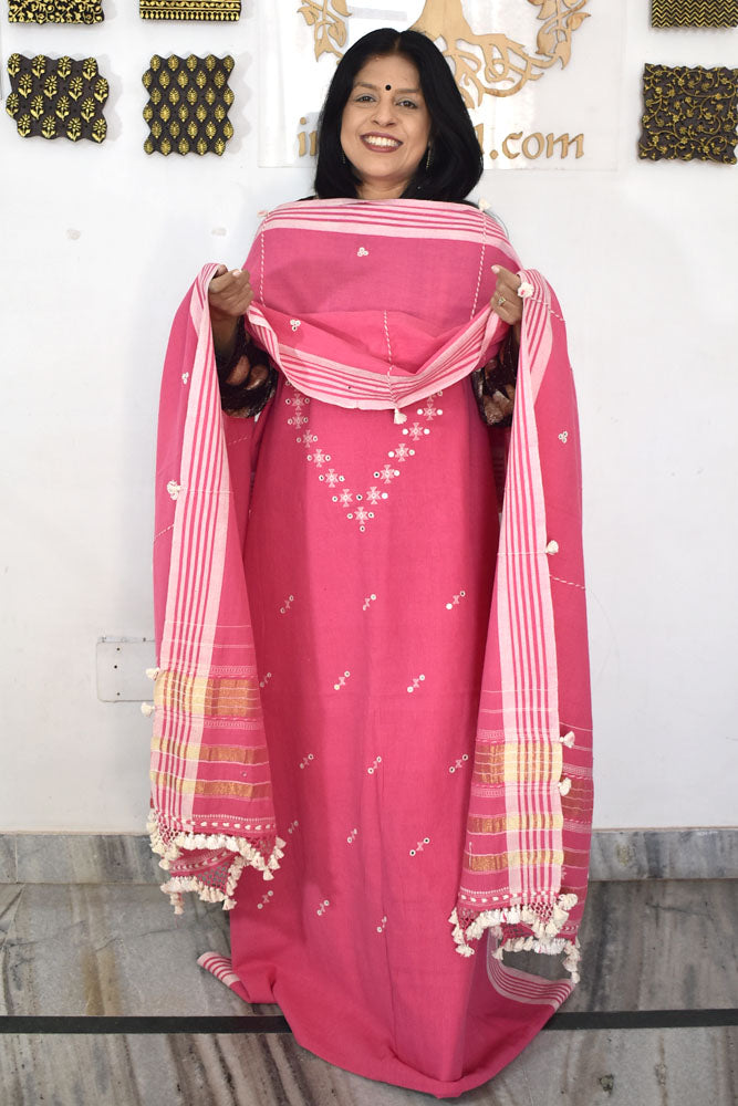 Premium Handwoven Kala Cotton Bhujodi suits with Mirror and Miri work - 3 pc set
