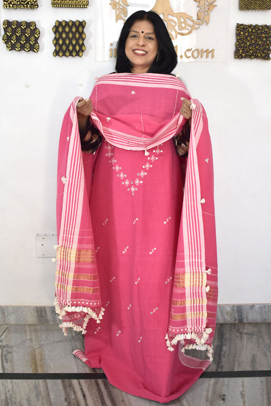 Premium Handwoven Kala Cotton Bhujodi suits with Mirror and Miri work - 3 pc set