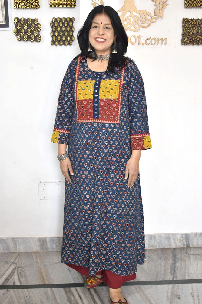 Designer Hand Block Printed Ajrakh cotton Kurta / Dress - Size 38 to 48 ( all sizes)