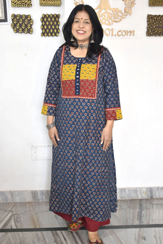 Designer Hand Block Printed Ajrakh cotton Kurta / Dress - Size 38 to 48 ( all sizes)