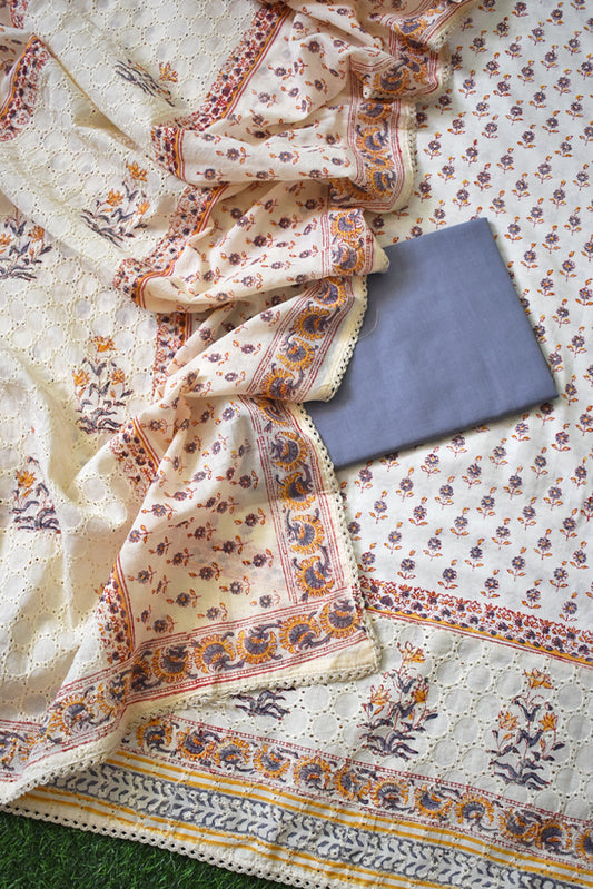 Elegant Block print cotton suit with Schiffli work