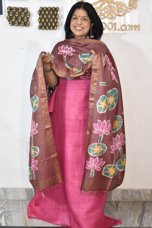 Beautiful Hand Block printed Tussar Silk Kurta Dupatta Set
