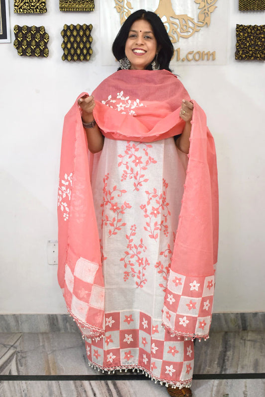 Elegant Kota Kurta & Dupatta set with Hand done Heavy Phool patti work & Cotton Bottom