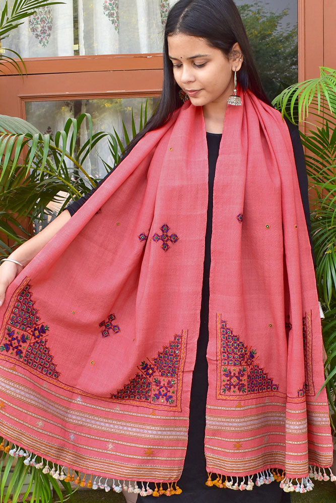 Handwoven Kutch Pure Merino Wool Stole with Mutva Hand Embroidery work