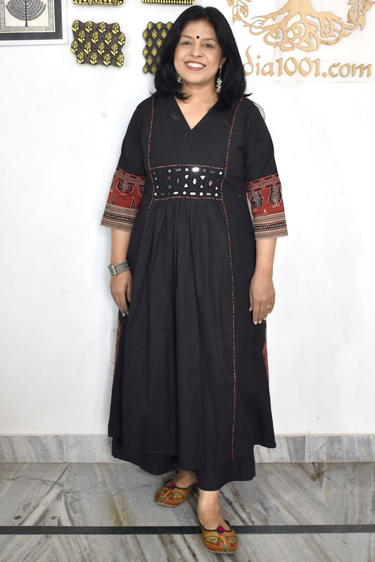 Designer Hand Block Printed Ajrakh cotton Kurta With Mirror Work - Size 40 to 48 ( all sizes)