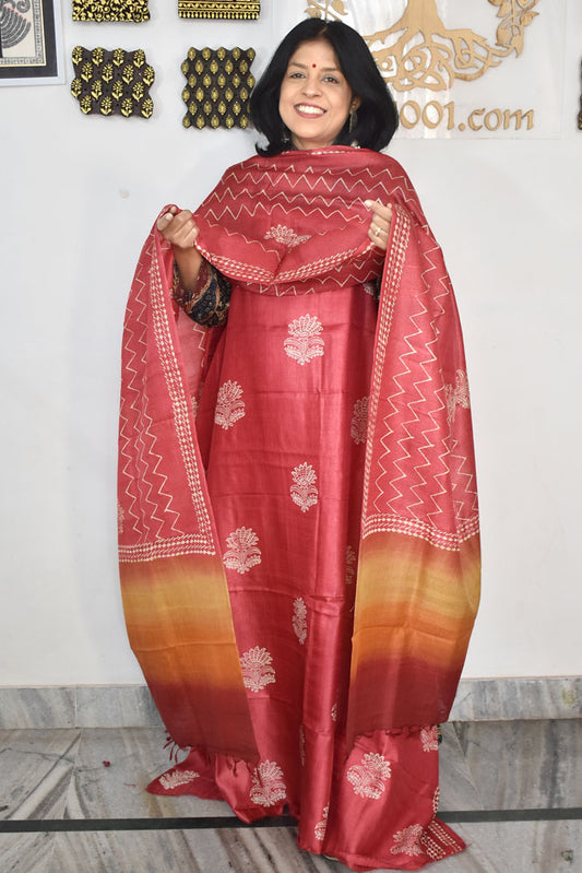 Beautiful Hand Block printed Tussar Silk Kurta Dupatta Set