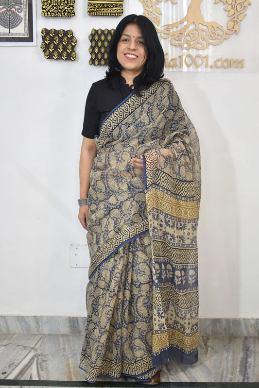Beautiful Hand Block Printed Kota cotton Saree with zari border