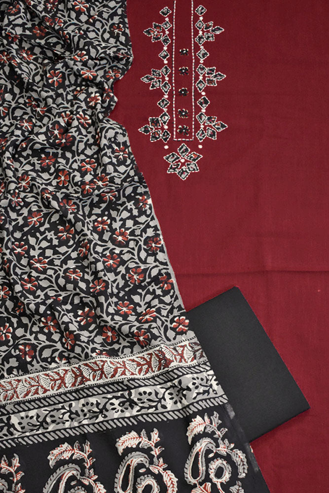 Beautiful  Cotton Unstitched Suit with Neck patch, Intricate Hand Embroidery & Block print Muslin dupatta