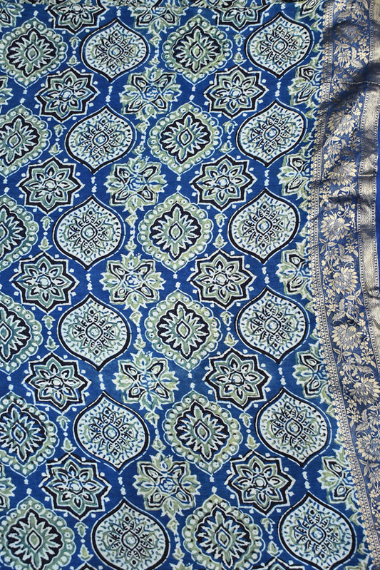 Beautiful Ajrakh Dola Silk Hand Block Print Fabric - 3 mtrs cut