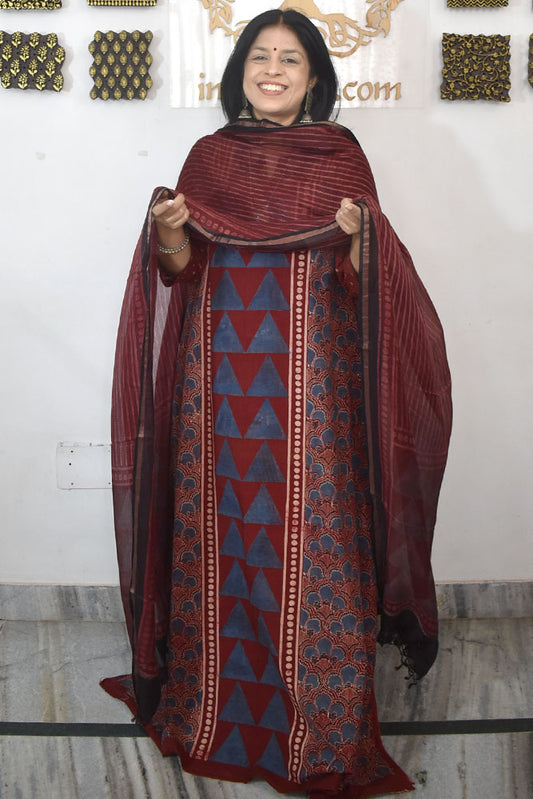 Designer Ajrakh Cotton Unstitched suit with Kota Silk Dupatta & Cotton Bottom - 3 piece set